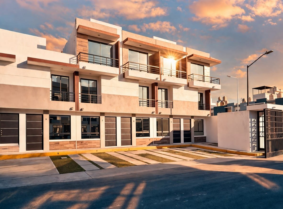 Modern residential building with white and wood facades, multiple balconies, garage doors, at golden hour sunset