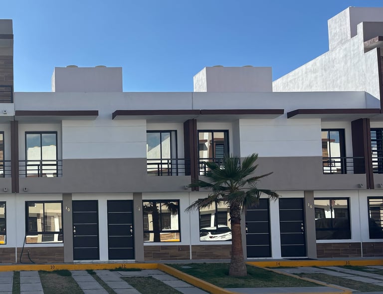 Modern residential townhouses with white and gray facades, dark blue garage doors, and a palm tree in front.